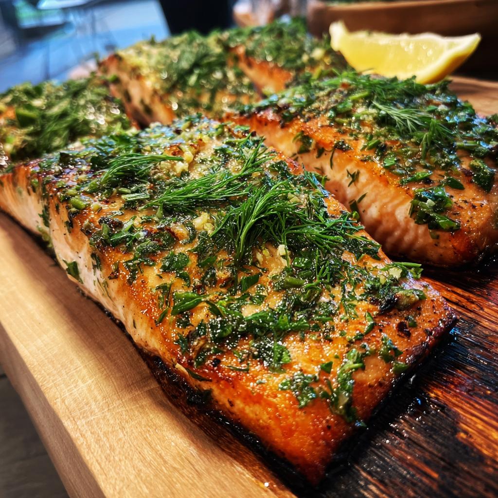 Close-up of grilled cedar plank salmon fillets topped with fresh herbs and lemon.