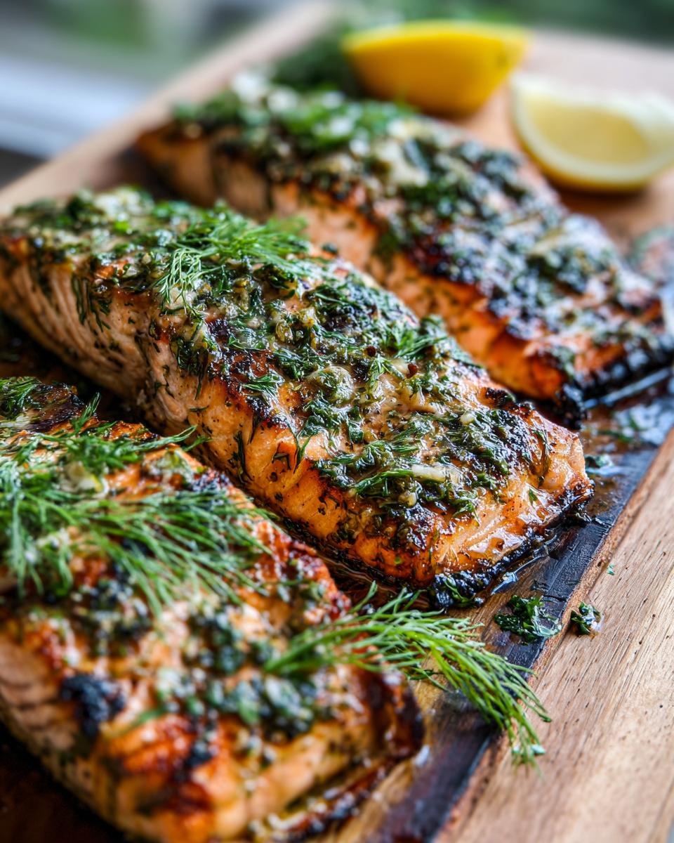 Close-up of three grilled cedar plank salmon fillets topped with fresh herbs and lemon wedges.