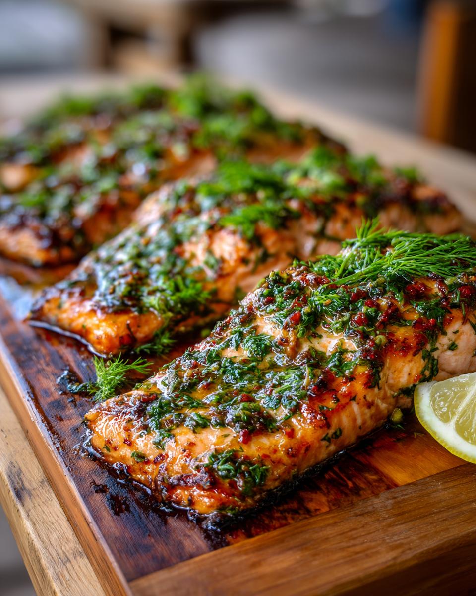 Close-up of grilled cedar plank salmon fillets topped with fresh herbs and a lemon slice.