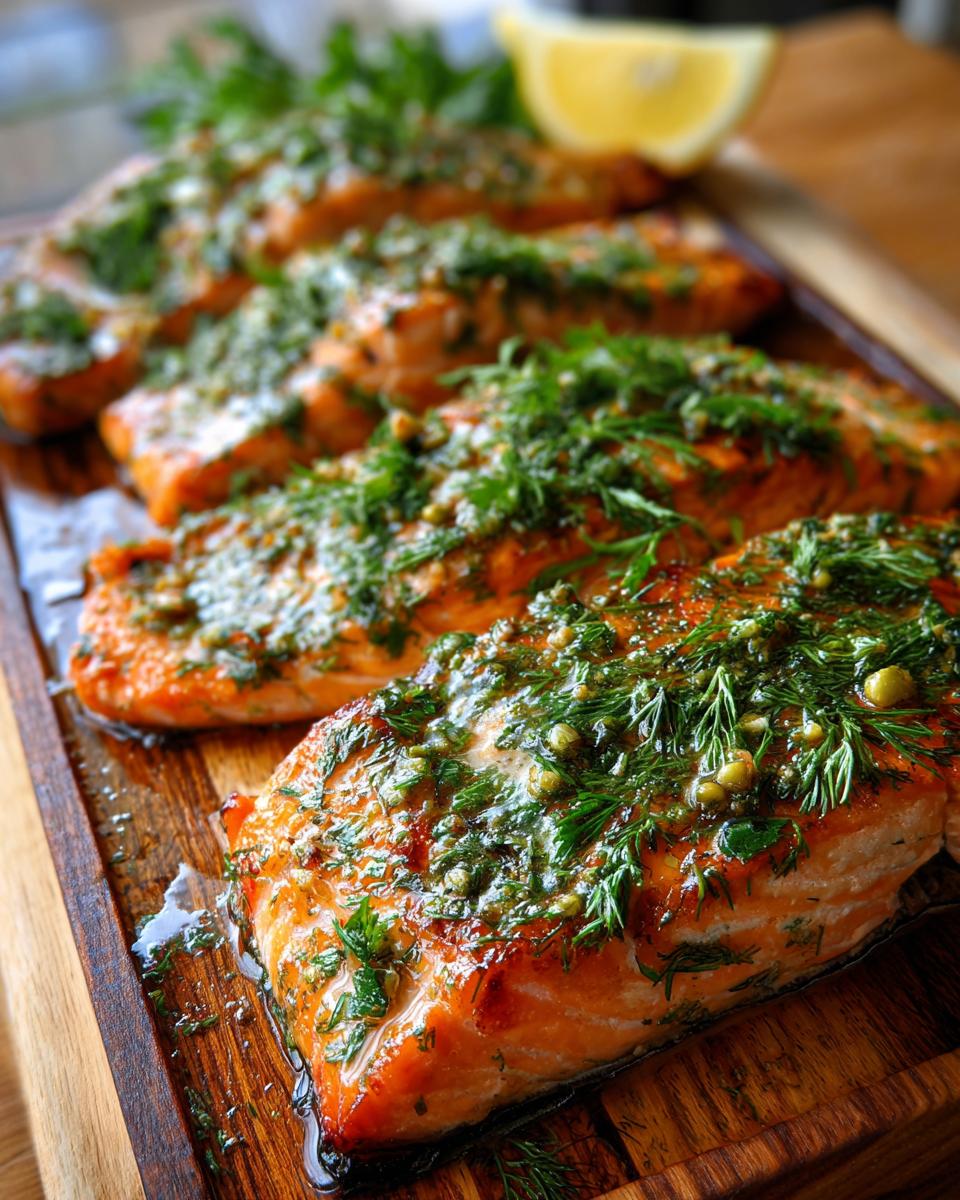 Close-up of perfectly grilled cedar plank salmon fillets topped with fresh herbs and capers, served on a wooden board.
