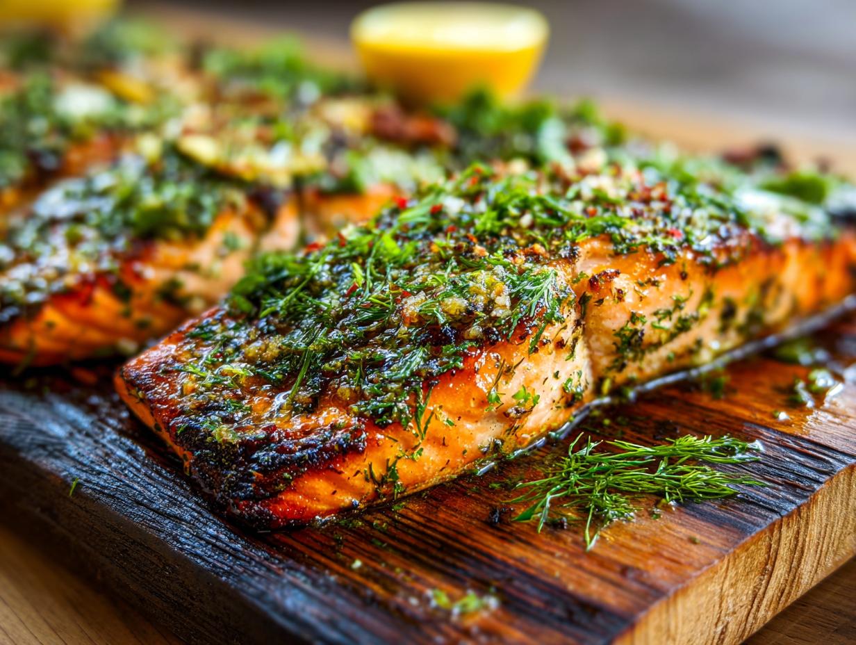 Close-up of perfectly grilled cedar plank salmon topped with fresh herbs and lemon.