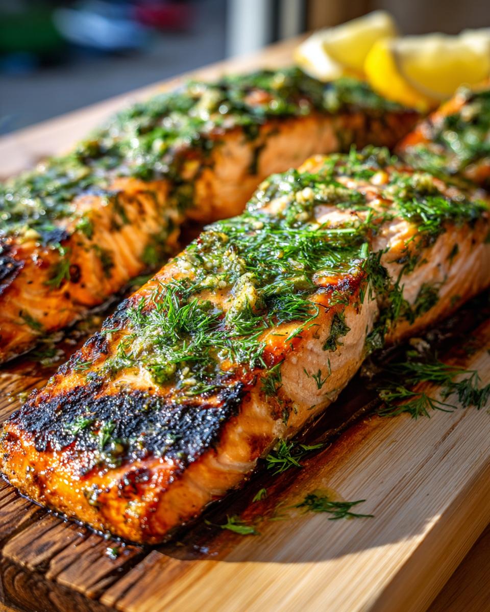 Close-up of grilled cedar plank salmon fillets topped with fresh herbs and lemon slices.