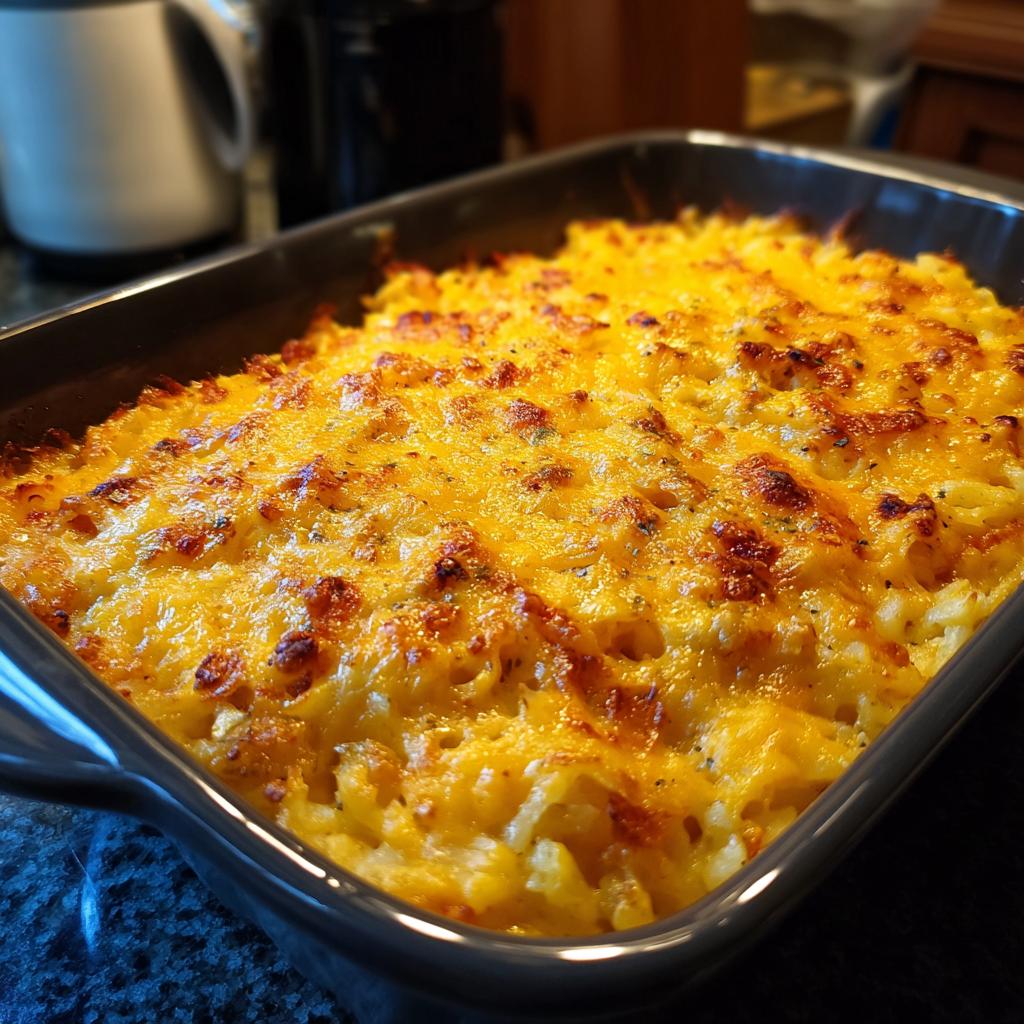 A golden brown, cheesy hash brown casserole fresh from the oven, perfect for breakfast ideas.