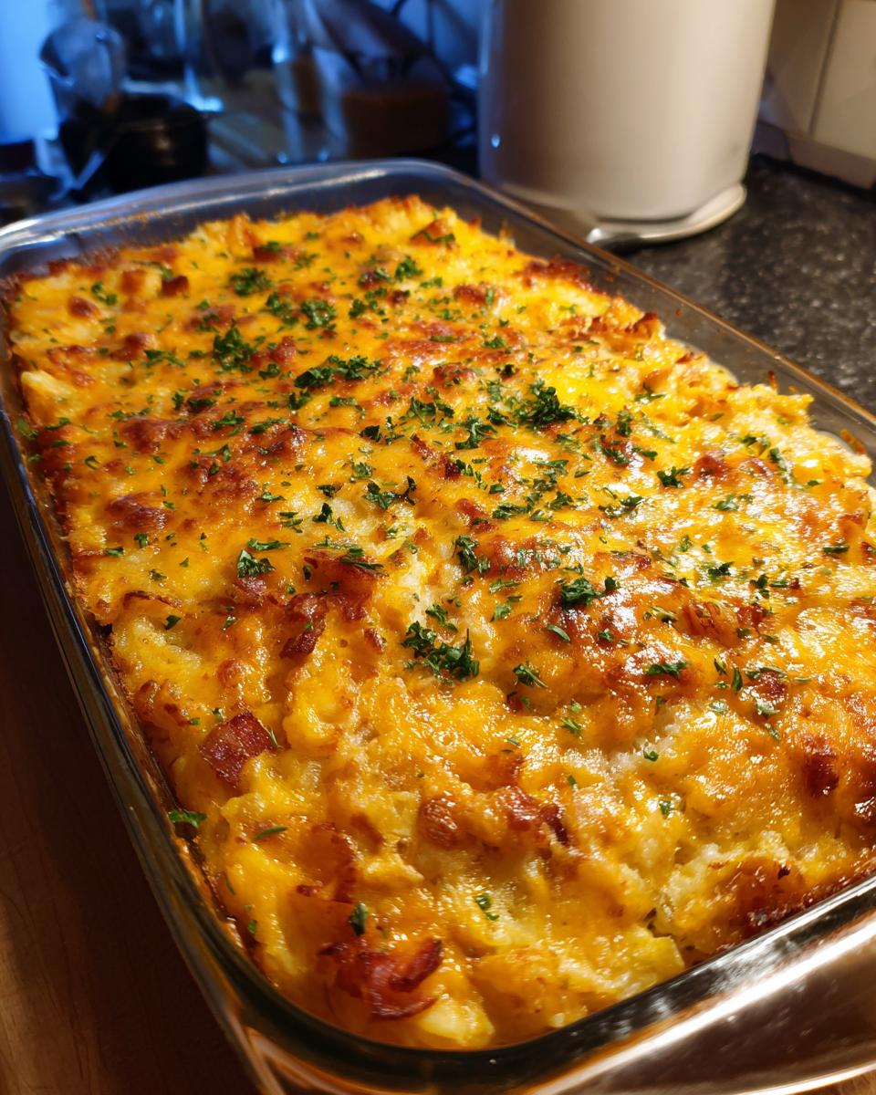 A golden-brown cheesy hash brown casserole topped with bacon and parsley, perfect for breakfast.