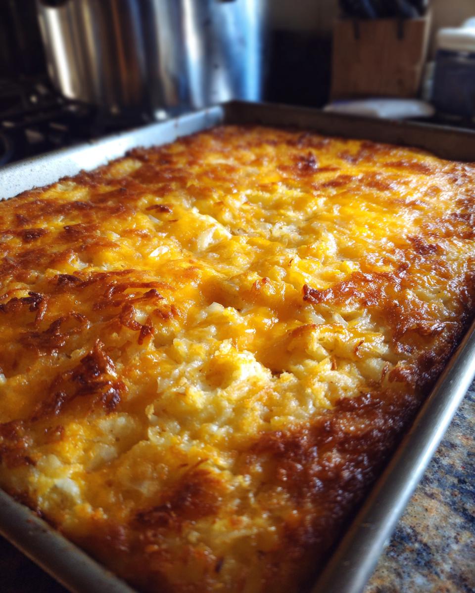 Golden brown cheesy hash brown casserole fresh from the oven in a baking pan.