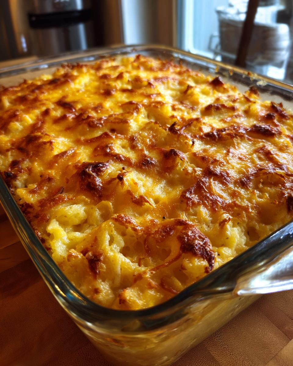 Golden brown cheesy hash brown casserole baked in a glass dish, perfect for breakfast ideas.