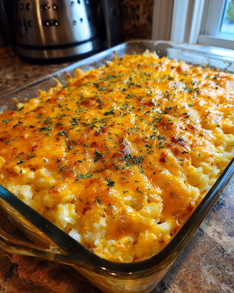 A golden-brown cheesy hash brown casserole, sprinkled with herbs, ready for breakfast.