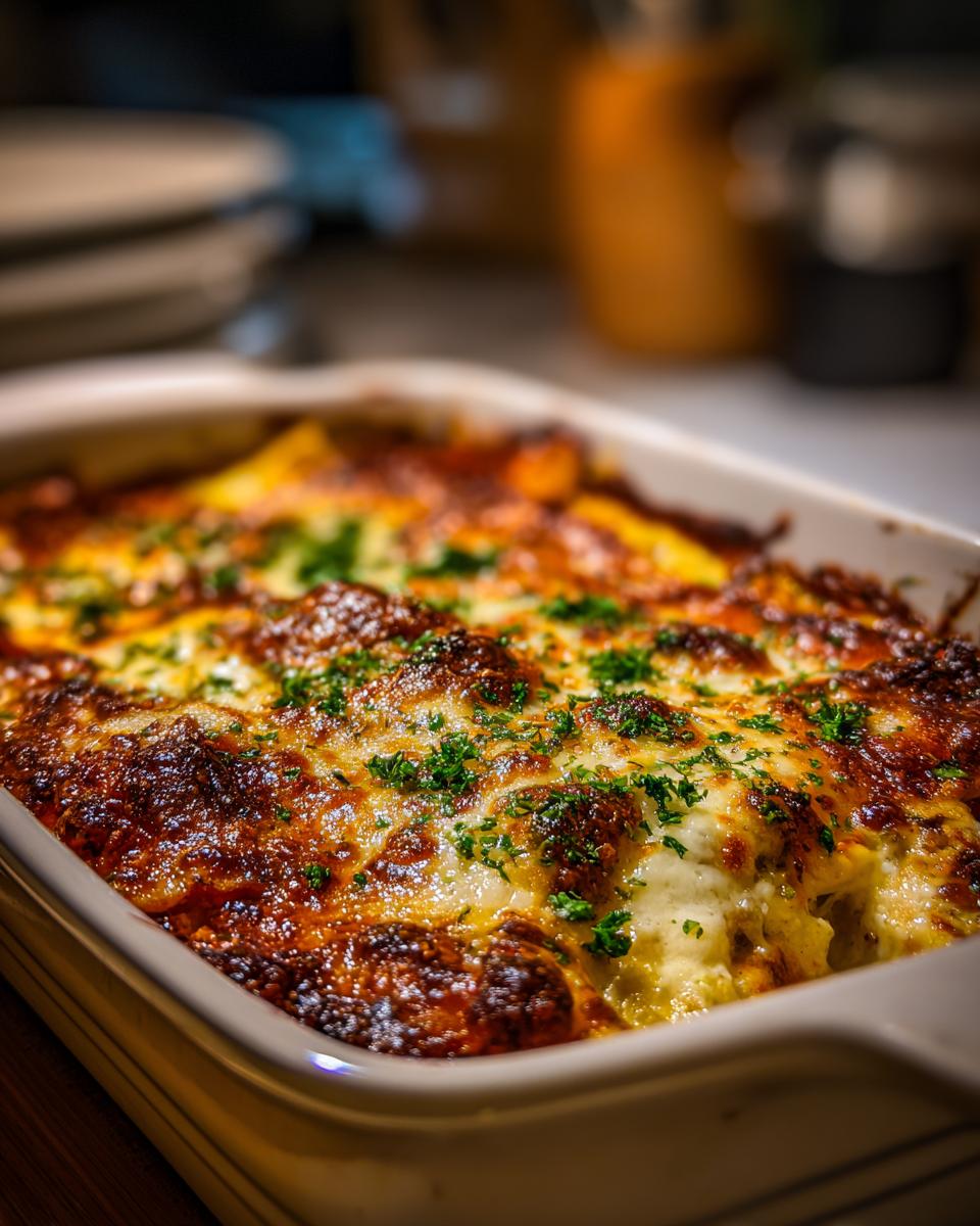 Close-up of a bubbling Cheesy Ravioli Bake, a perfect easy dinner recipe, topped with melted cheese and fresh parsley.