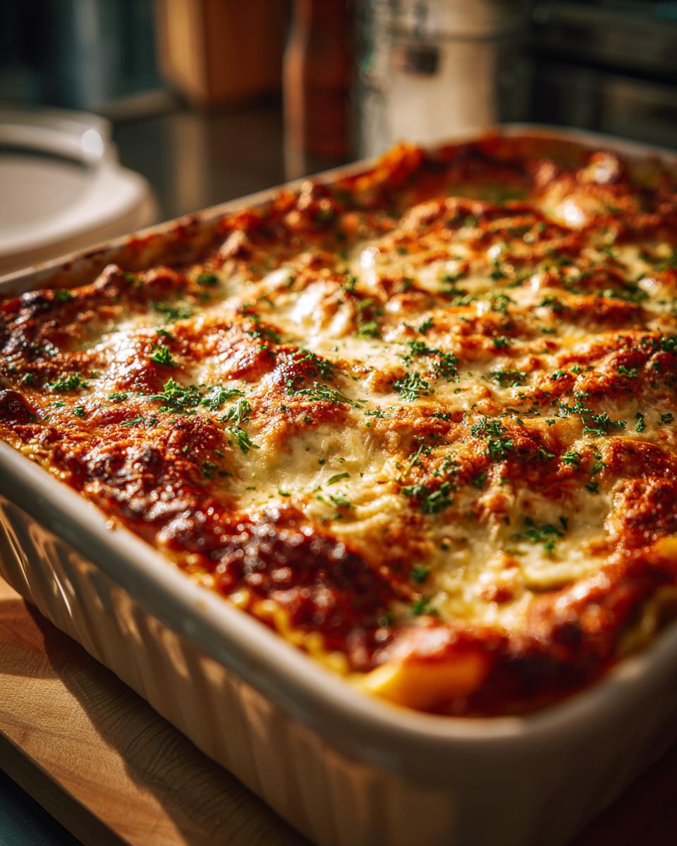 A close-up of a cheesy ravioli bake in a white baking dish, topped with melted cheese and parsley.