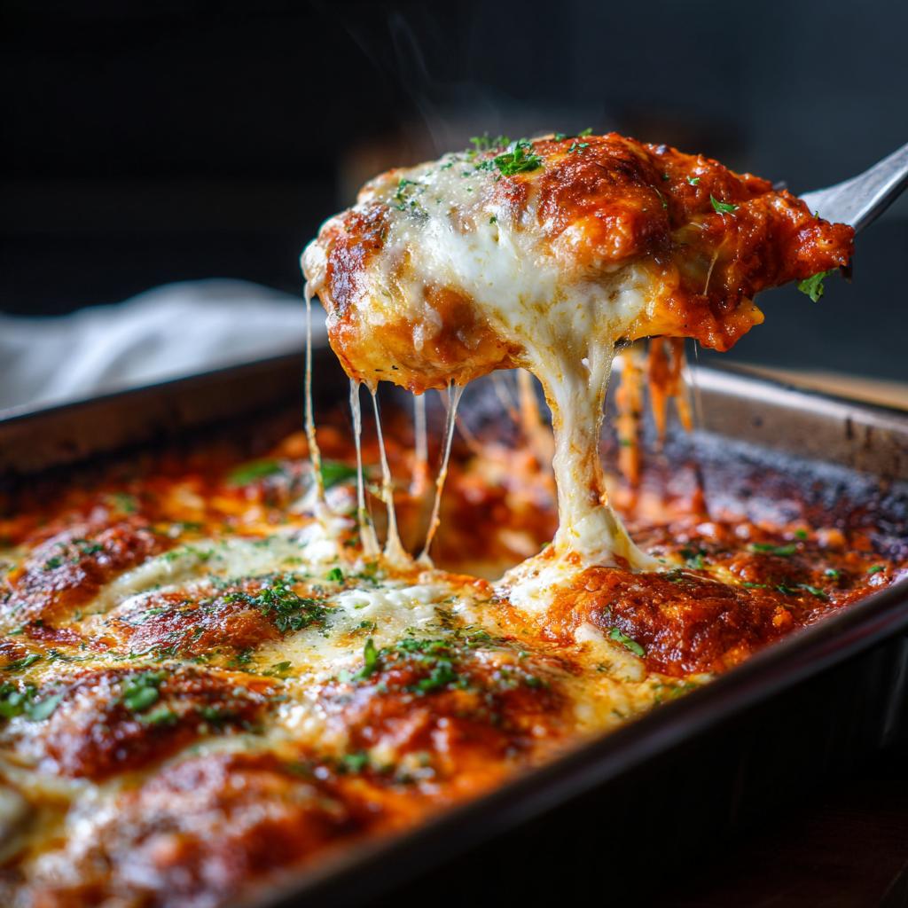 A serving spoon lifts a portion of cheesy ravioli bake, with melted mozzarella strings stretching.