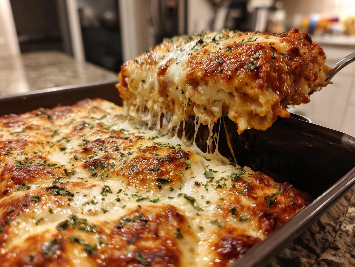A serving spoon lifts a cheesy, golden-brown slice of ravioli bake, showing gooey melted cheese strings.