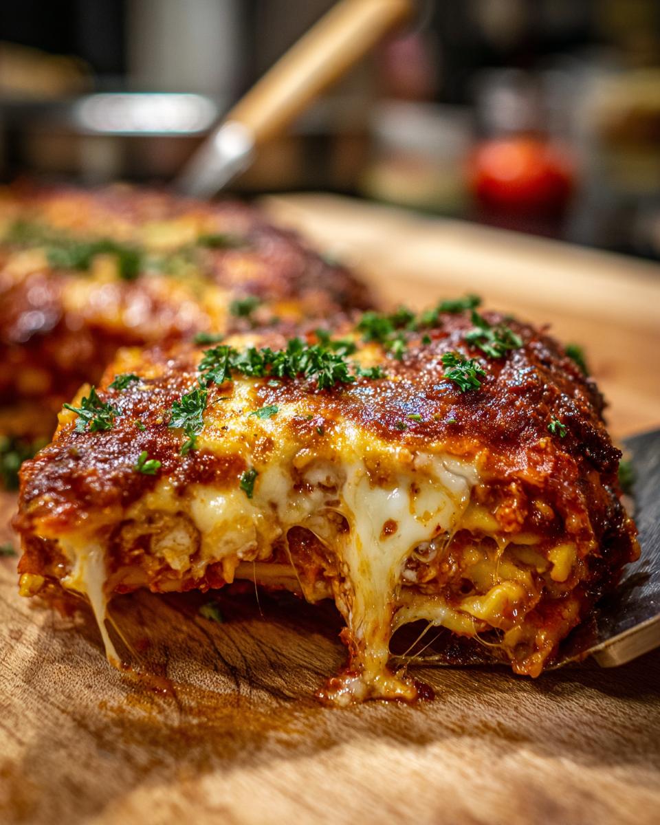 A slice of cheesy ravioli bake, with melted cheese stretching from the layers, garnished with parsley. Perfect for easy dinner recipes.