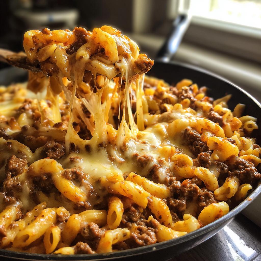A close-up of cheesy taco pasta with ground beef, showing melted cheese stretching from a spoon.