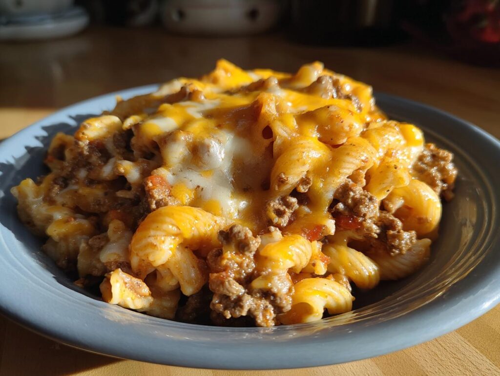 A close-up of cheesy taco pasta with ground beef in a blue bowl, perfect for ground beef recipes.