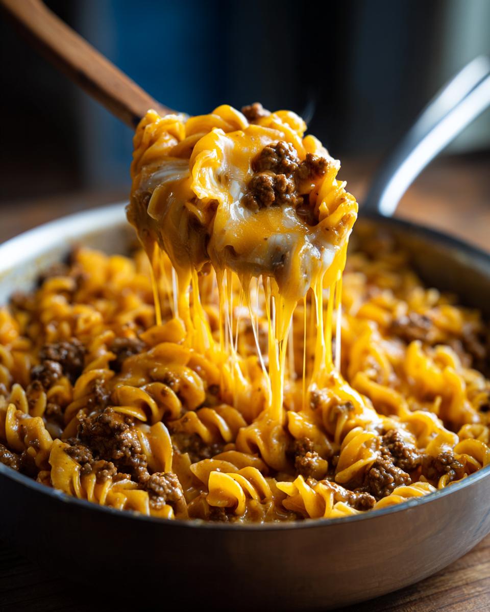 A spoonful of cheesy taco pasta with ground beef, showing melted cheese stretching from the pan.