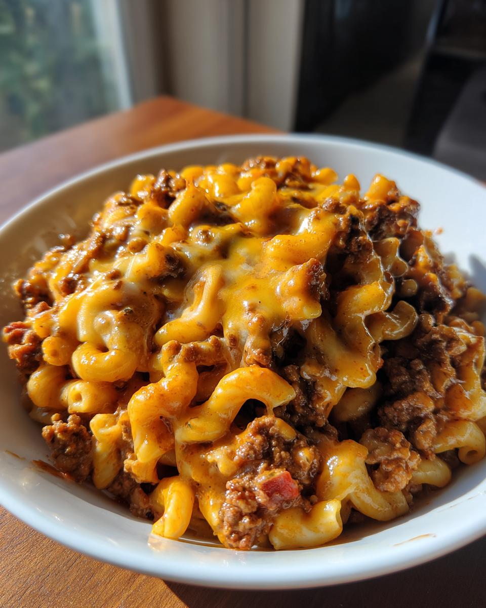 A bowl of cheesy taco pasta with ground beef, featuring elbow macaroni coated in a savory sauce and topped with melted cheese.