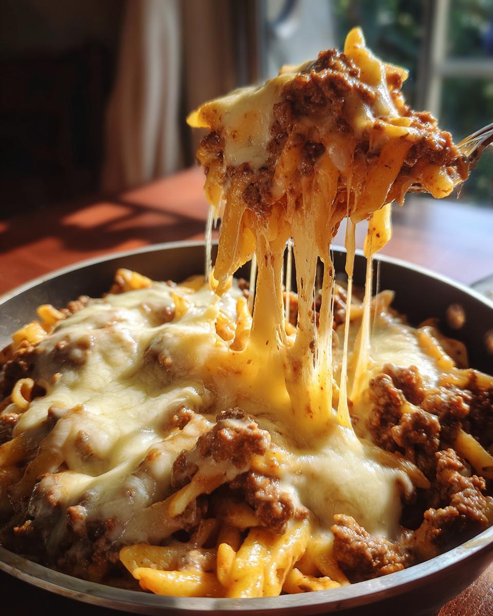 A fork lifting a cheesy portion of ground beef taco pasta, with melted cheese stretching.