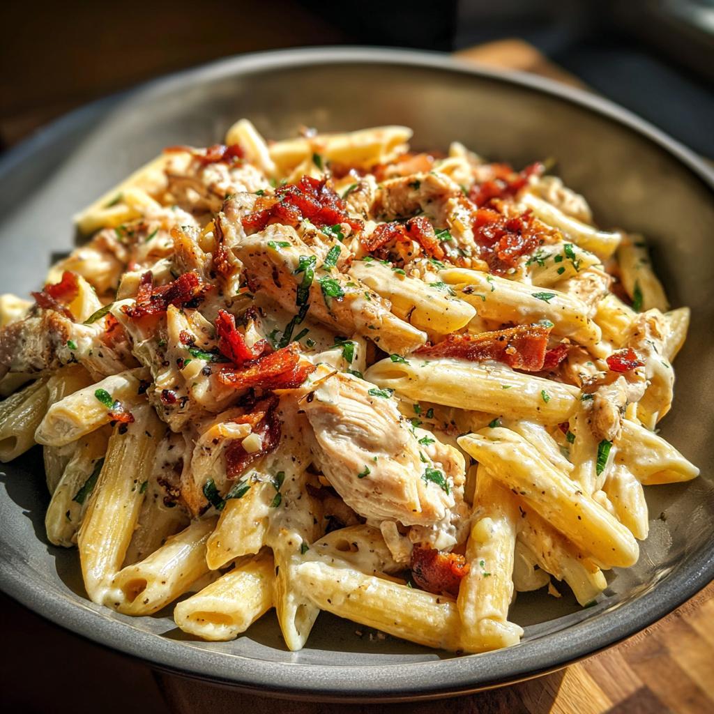 A close-up of creamy Chicken Bacon Ranch Penne pasta in a bowl, topped with crispy bacon bits and parsley.