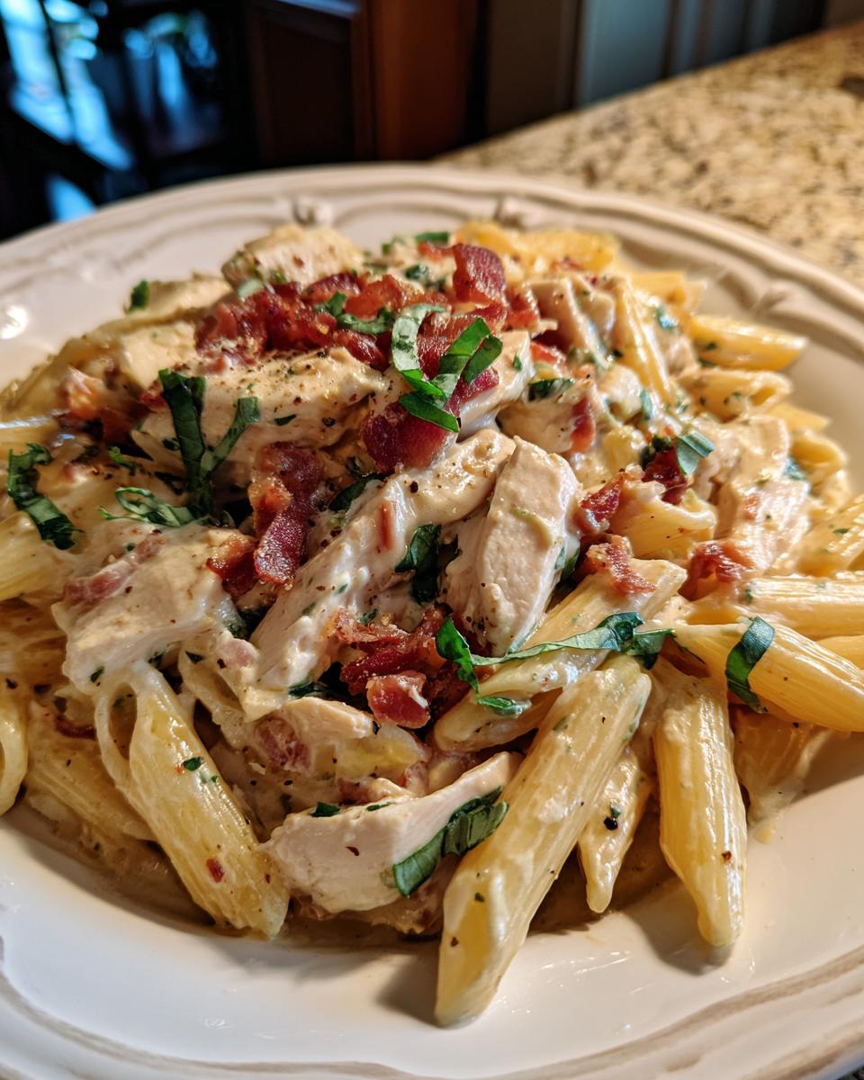 A close-up of a creamy Chicken Bacon Ranch Penne pasta dish, topped with crumbled bacon and fresh basil.