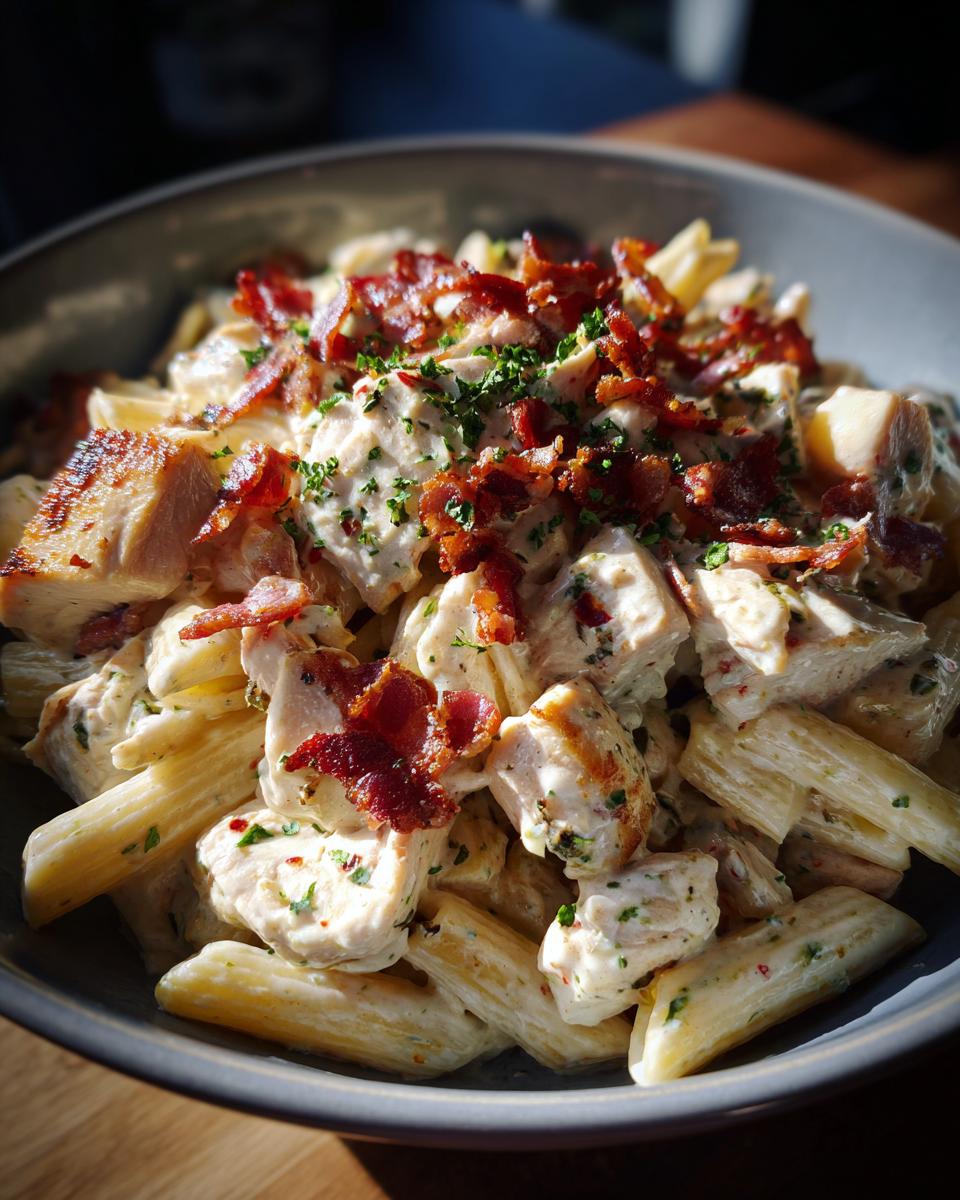 Close-up of Chicken Bacon Ranch Penne pasta in a bowl, topped with crispy bacon and parsley.