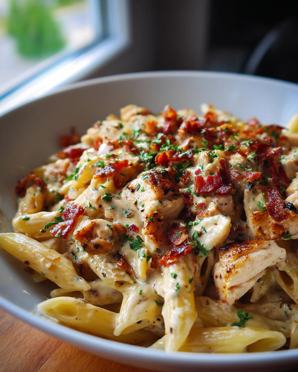 A close-up of creamy Chicken Bacon Ranch Penne Pasta, topped with crispy bacon bits and fresh parsley.