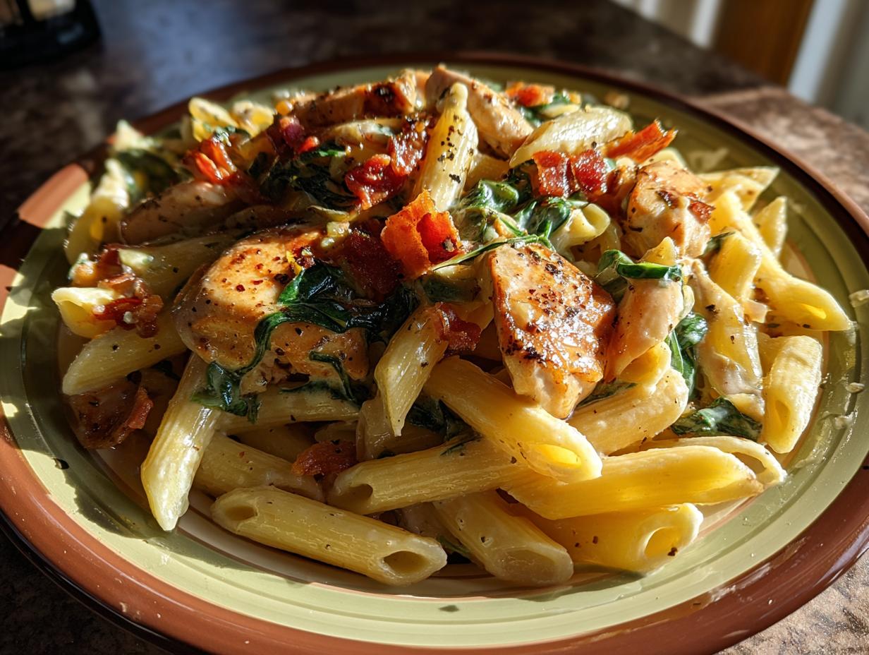 A close-up of a delicious bowl of Chicken Bacon Ranch Penne Pasta, featuring penne pasta, grilled chicken, bacon, and spinach in a creamy sauce.