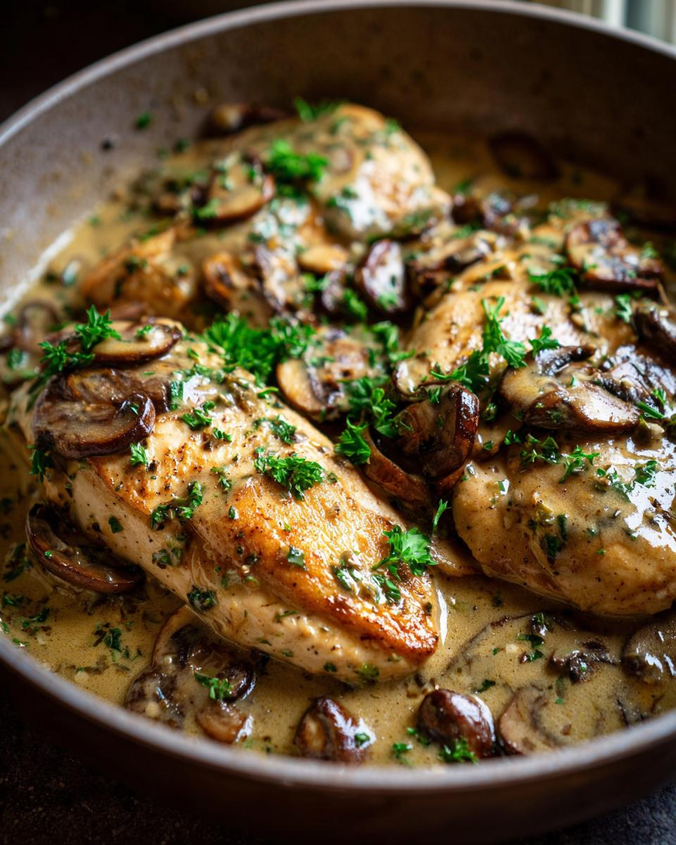 Close-up of chicken breasts in a creamy mushroom skillet sauce, garnished with parsley.