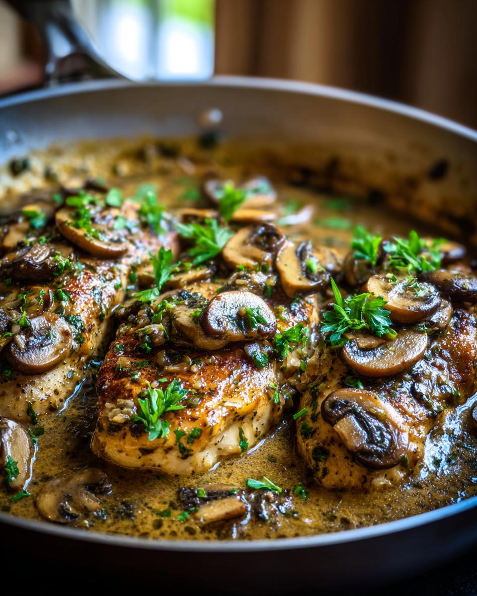 Close-up of chicken breasts in a creamy mushroom skillet sauce, garnished with fresh parsley.