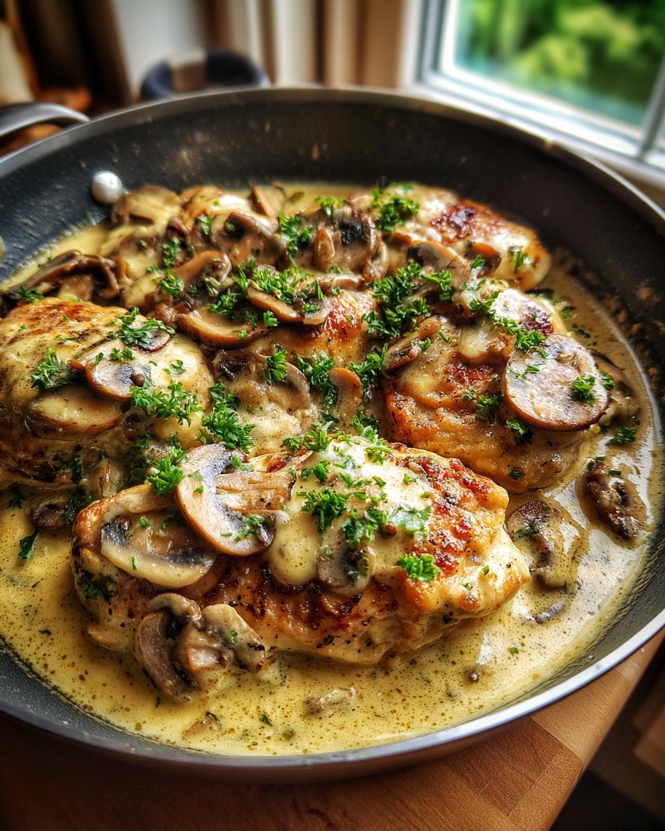 Close-up of pan-seared chicken breasts in a creamy mushroom skillet sauce, garnished with parsley.