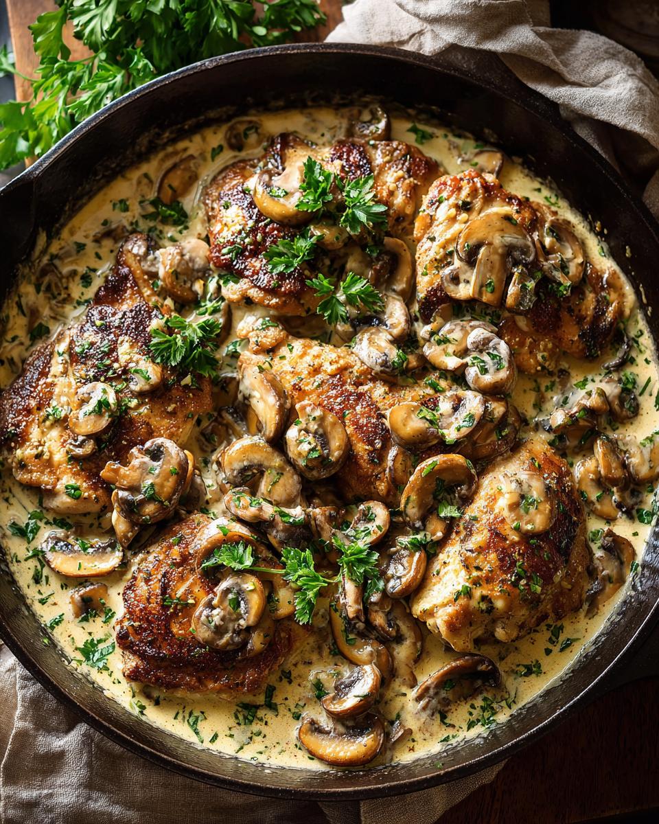 Close-up of pan-seared chicken breast pieces in a creamy mushroom skillet sauce, garnished with parsley.