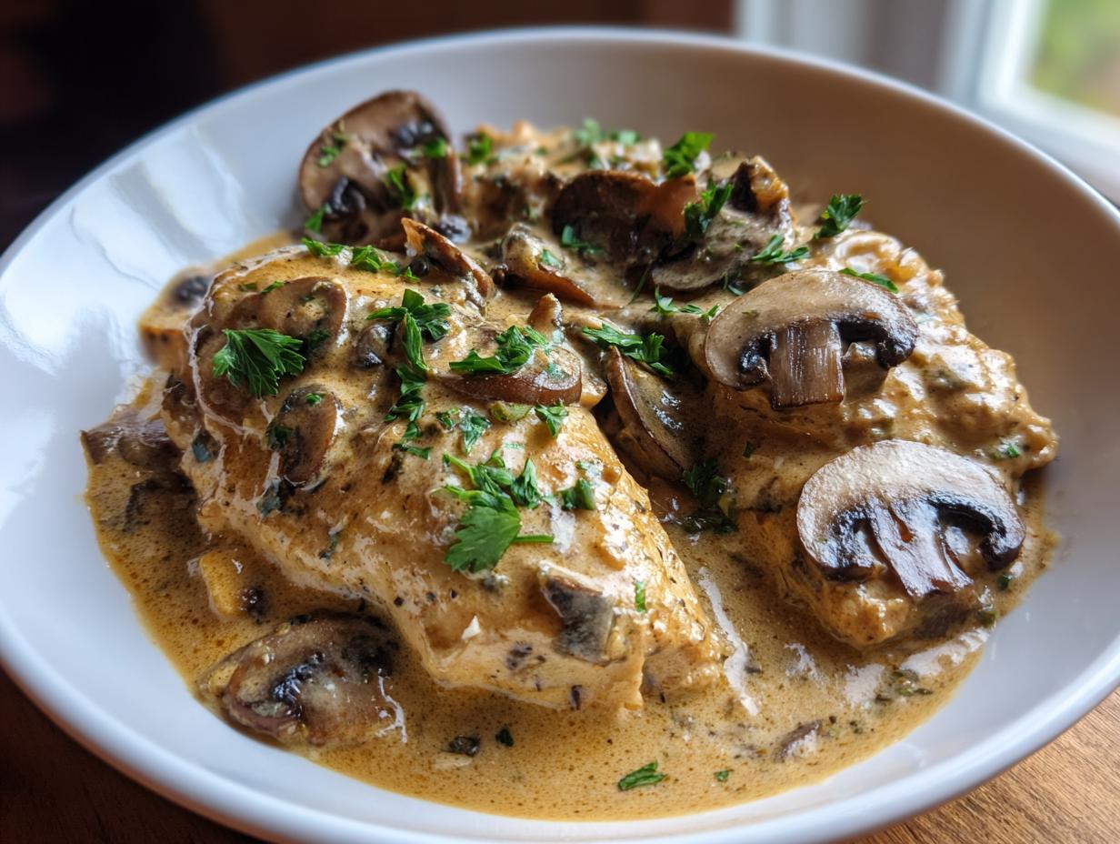 Close-up of tender chicken breast pieces covered in a rich, creamy mushroom sauce and garnished with fresh parsley.