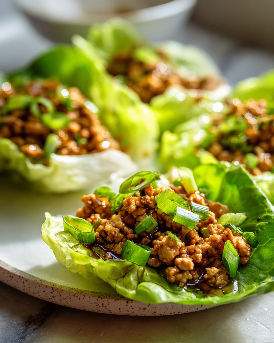 Close-up of fresh chicken lettuce wraps, a healthy lunch idea, topped with chopped green onions.