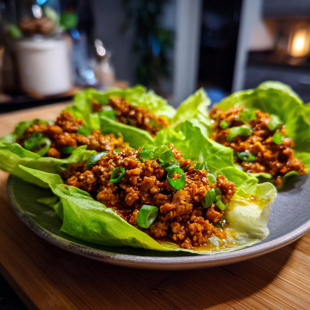 Close-up of healthy lunch ideas: chicken lettuce wraps filled with seasoned ground chicken and topped with green onions.