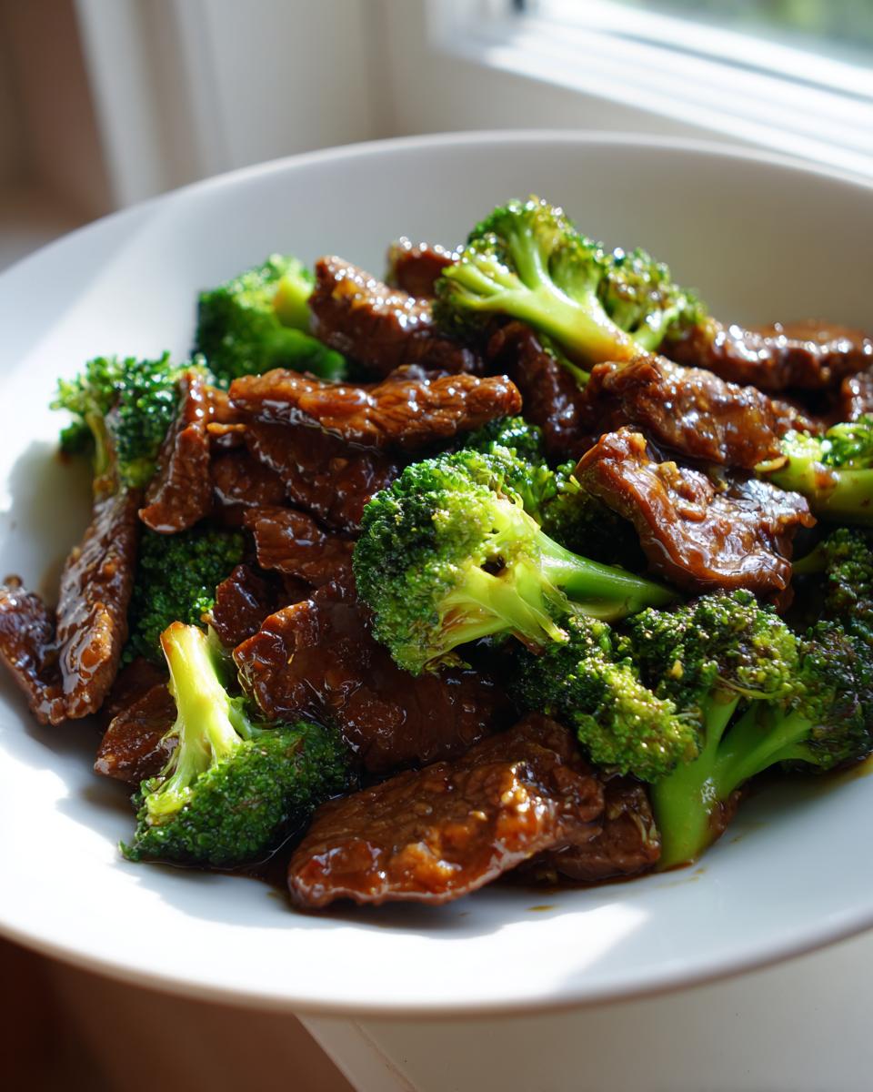 Close-up of a bowl filled with glossy Chinese Beef and Broccoli, showing tender beef strips and vibrant green broccoli florets.