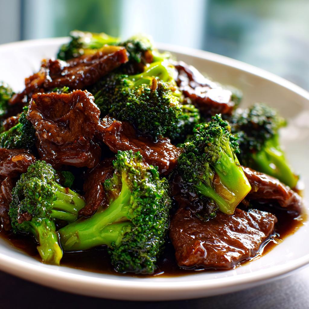 Close-up of tender slices of Chinese Beef and Broccoli coated in a savory sauce.