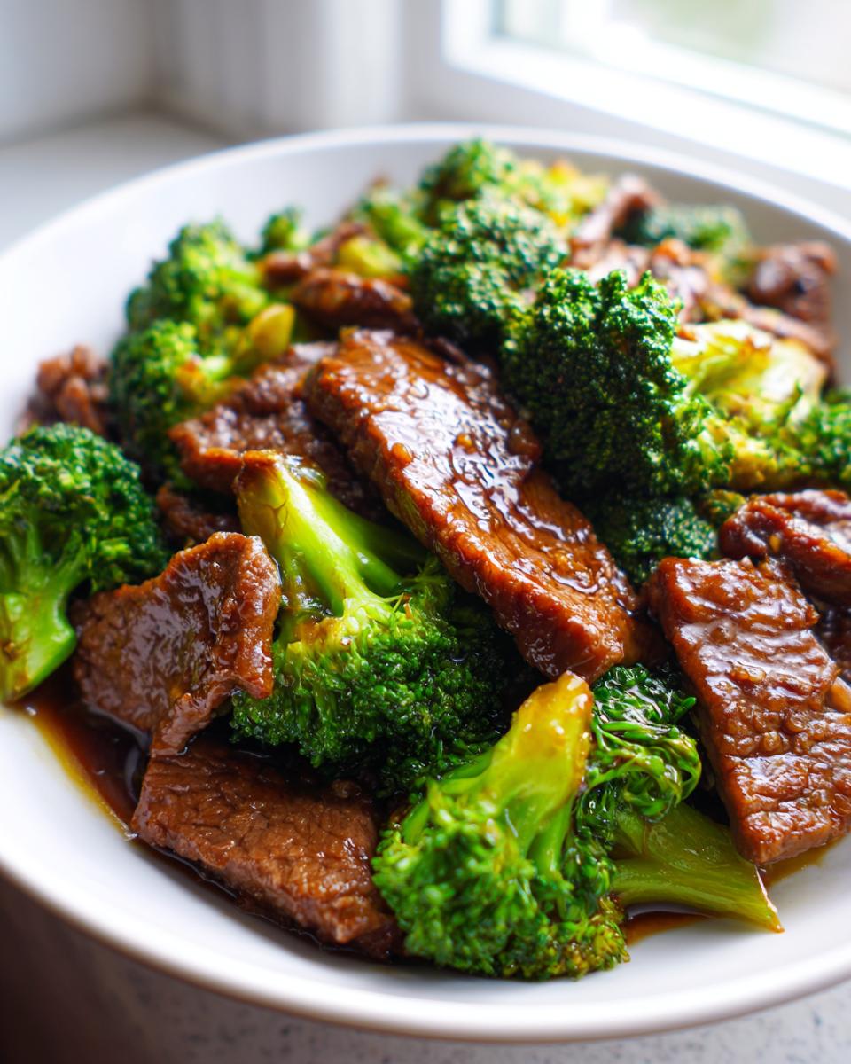A close-up of a white bowl filled with tender slices of Chinese Beef and Broccoli coated in a savory sauce.