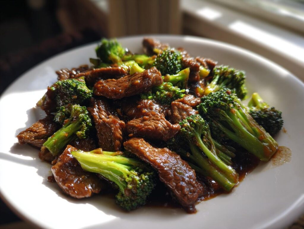 A close-up of a plate filled with tender slices of Chinese Beef and Broccoli in a savory sauce.