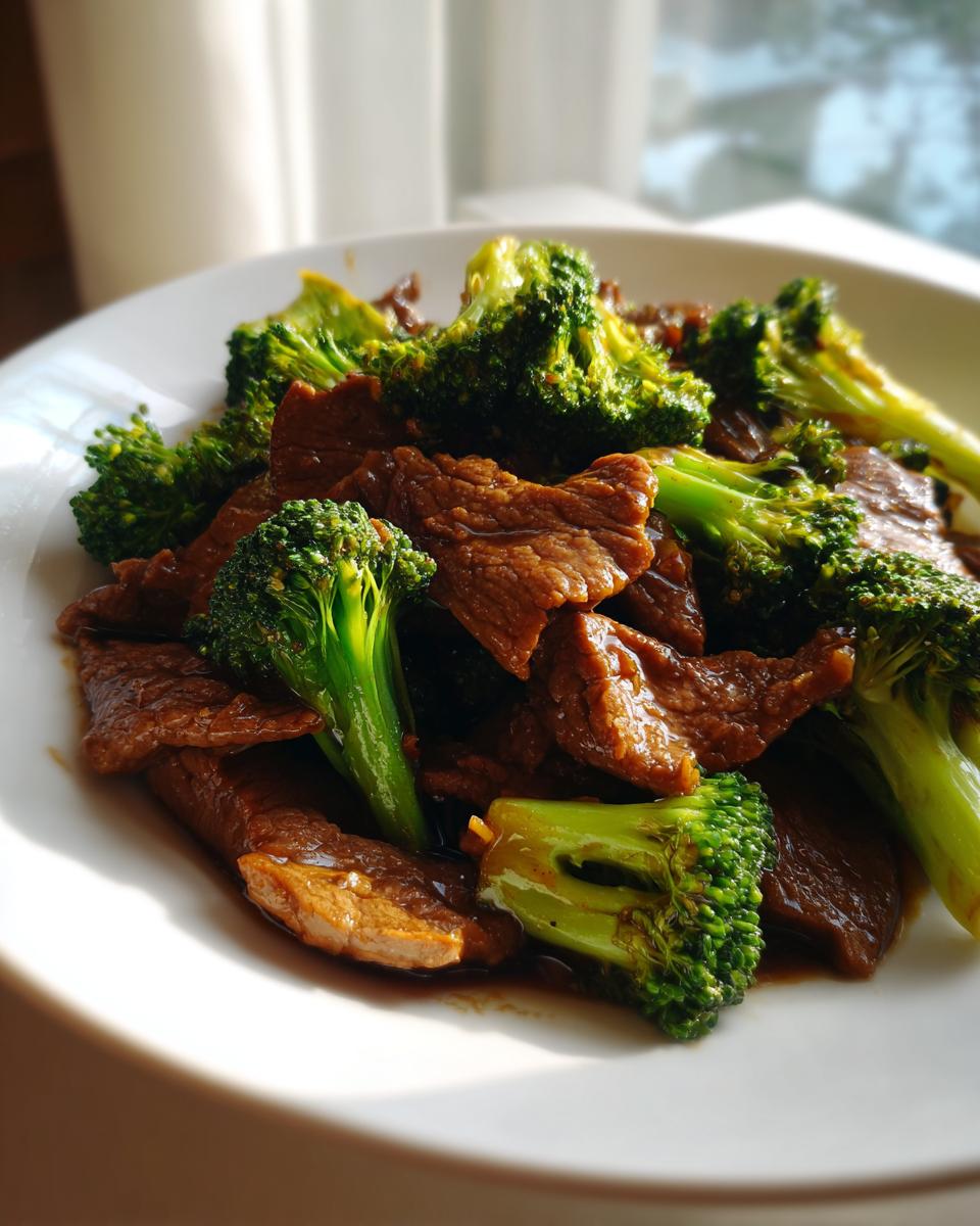 Close-up of a white plate filled with Chinese Beef and Broccoli stir-fry, showcasing tender beef slices and vibrant green broccoli florets coated in a savory sauce.