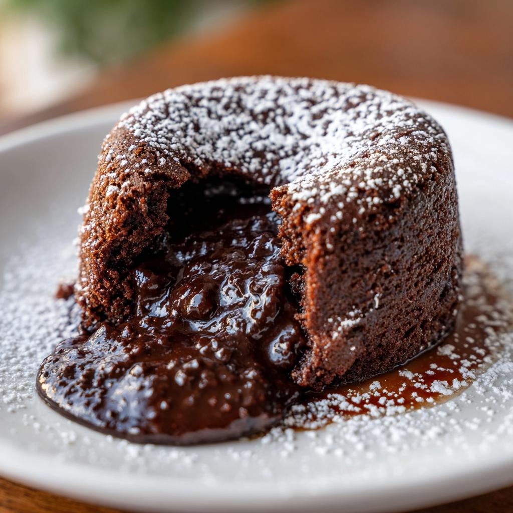 Close-up of a warm chocolate lava cake with molten chocolate oozing out, dusted with powdered sugar.