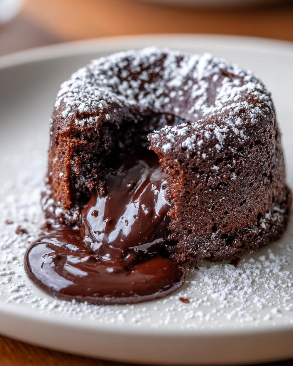 A rich chocolate lava cake with molten chocolate oozing out, dusted with powdered sugar.