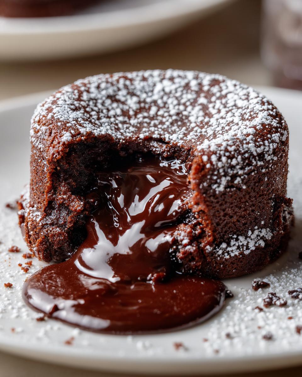 Close-up of a rich chocolate lava cake, dusted with powdered sugar, with a molten chocolate center oozing out.