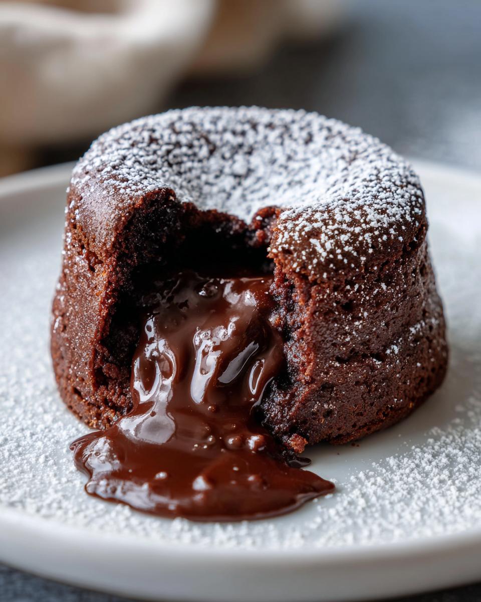 Close-up of a chocolate lava cake with molten chocolate oozing out, dusted with powdered sugar.