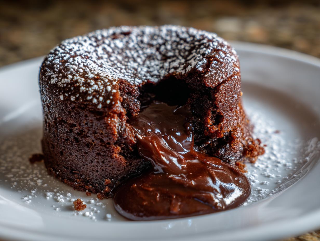 A close-up of a chocolate lava cake, dusted with powdered sugar, with its molten chocolate center oozing out.