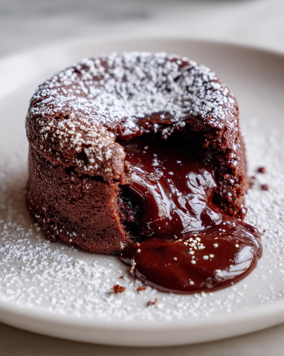 A decadent chocolate lava cake with molten chocolate oozing out, dusted with powdered sugar. Perfect for dessert recipes.