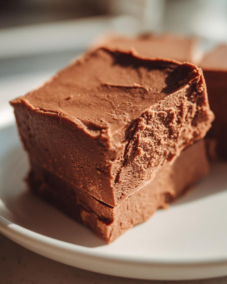 Close-up of decadent chocolate peanut butter fudge squares stacked on a white plate.
