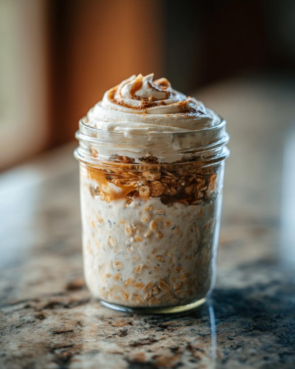 A jar filled with cinnamon roll overnight oats, topped with whipped cream and a drizzle of caramel.