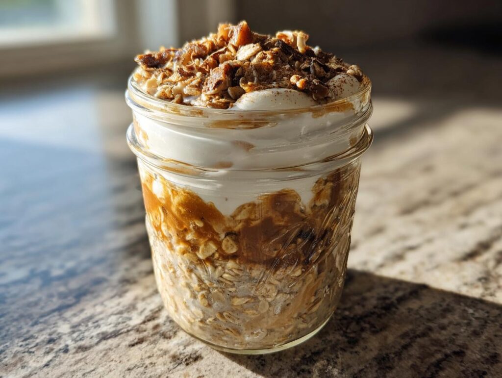 A close-up of cinnamon roll overnight oats in a mason jar, layered with oats, creamy yogurt, caramel sauce, and granola topping.