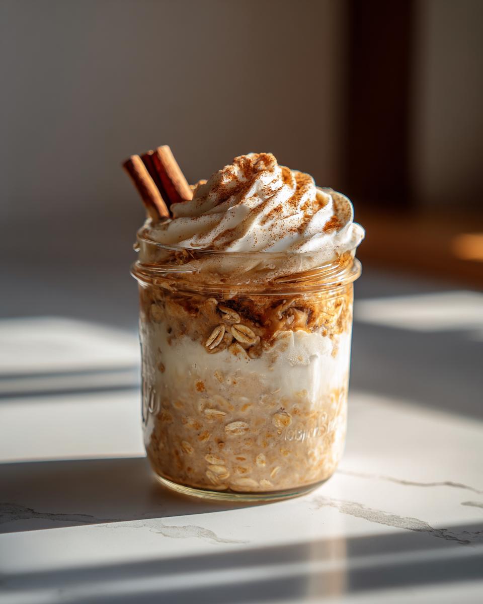 A delicious jar of Cinnamon Roll Overnight Oats, topped with whipped cream, cinnamon, and cinnamon sticks.