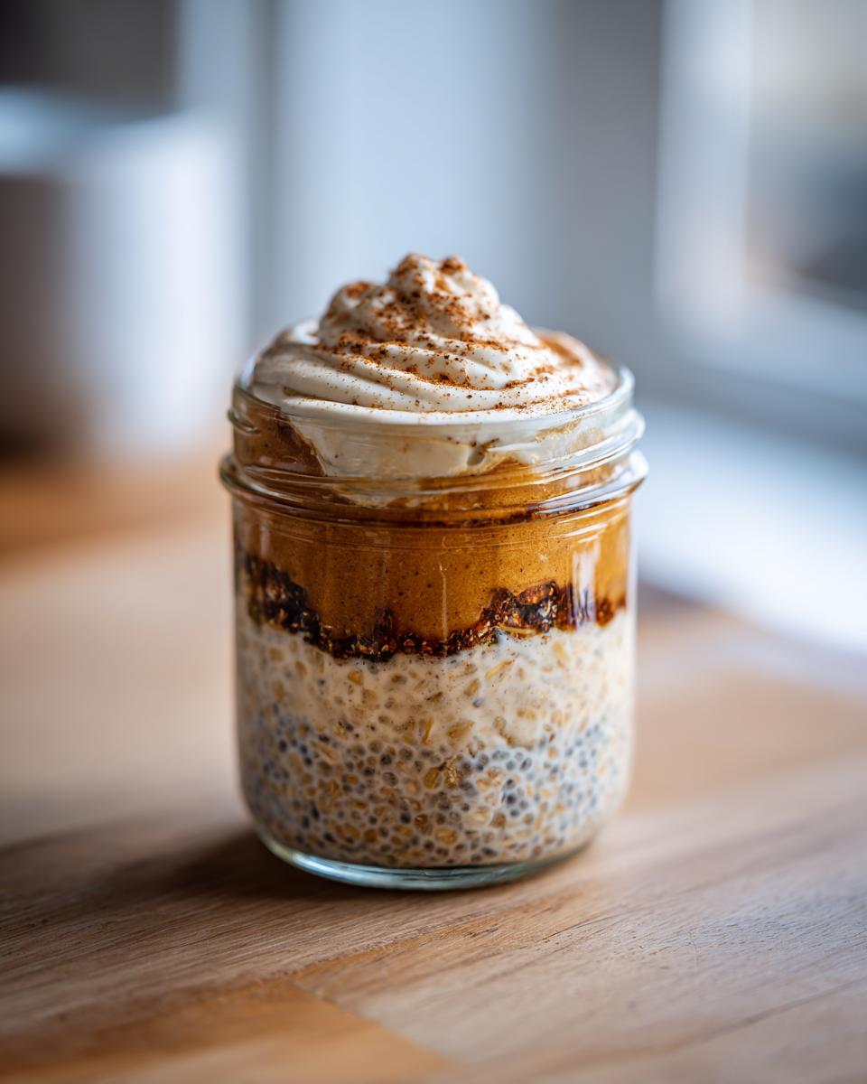 A layered jar of cinnamon roll overnight oats with chia seeds, oats, pumpkin puree, and whipped cream topped with cinnamon.