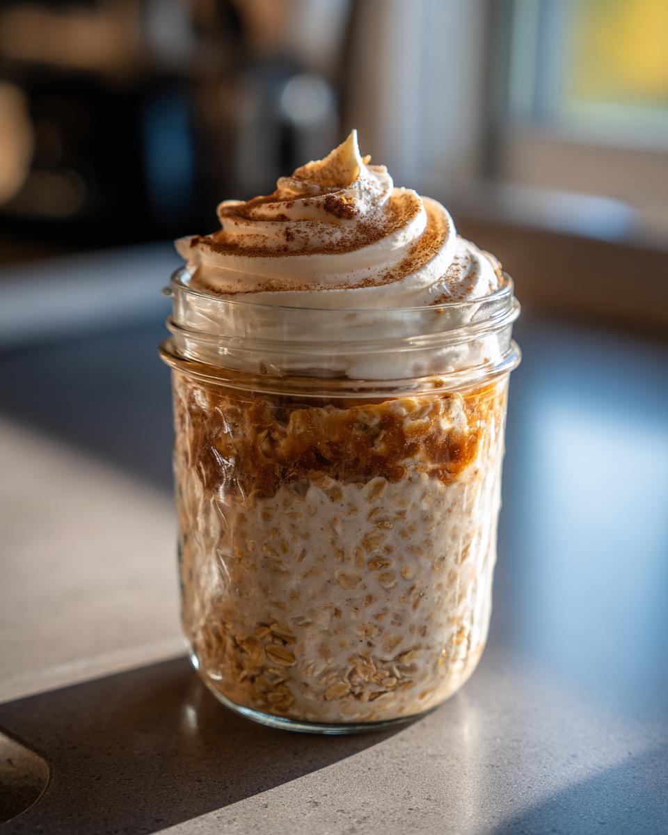 Close-up of cinnamon roll overnight oats in a jar, topped with whipped cream and cinnamon.